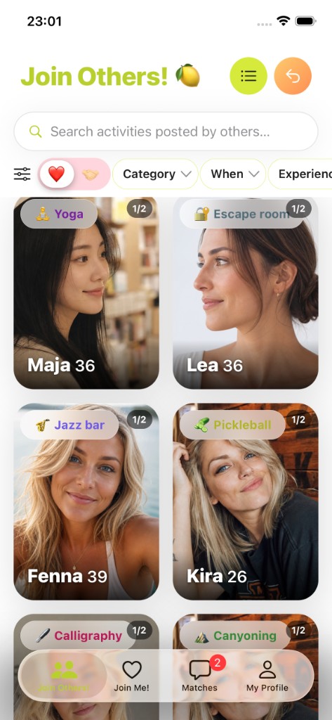 Real JoinMe screenshot: grid view of people nearby and the activities they posted