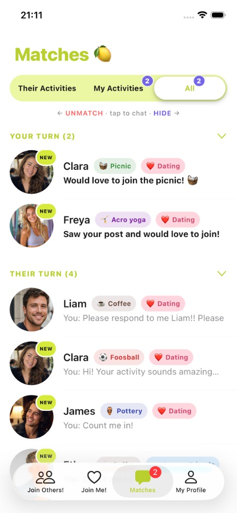 Real JoinMe screenshot: the Matches tab with new matches and chats sorted into your turn and their turn