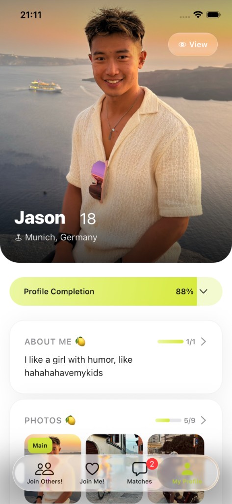 Real JoinMe screenshot: a profile page with photos, about me, and a profile completion bar